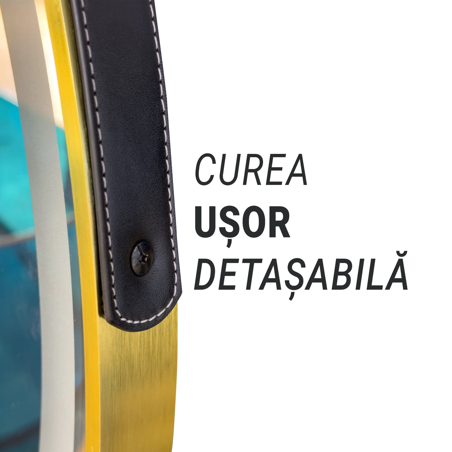 Oglinda LED Rotunda 60 Celeste Royale Gold Eleve MotionGlow Marcello, Curea Piele Ecologica, Sistem Dezaburire, Termometru si Ceas, Dimabila
