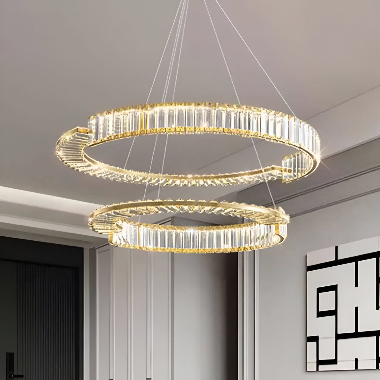 Lustra LED suspendata cu telecomanda si cristal PRISM REGAL 120W, 2 Cercuri, lumina Rece/Calda/Neutra, Dimabila, Auriu,
