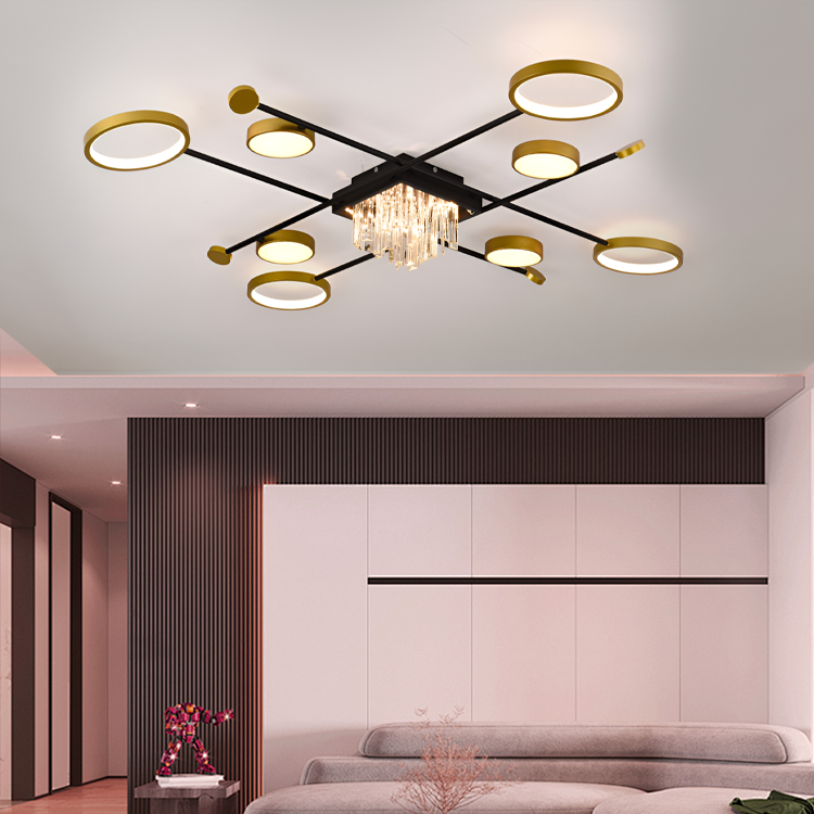 Lustra LED cu telecomanda si cristal GUIDA 46W, 8 Elemente, lumina Rece/Calda/Neutra, Dimabila, Negru Auriu – RegalStore