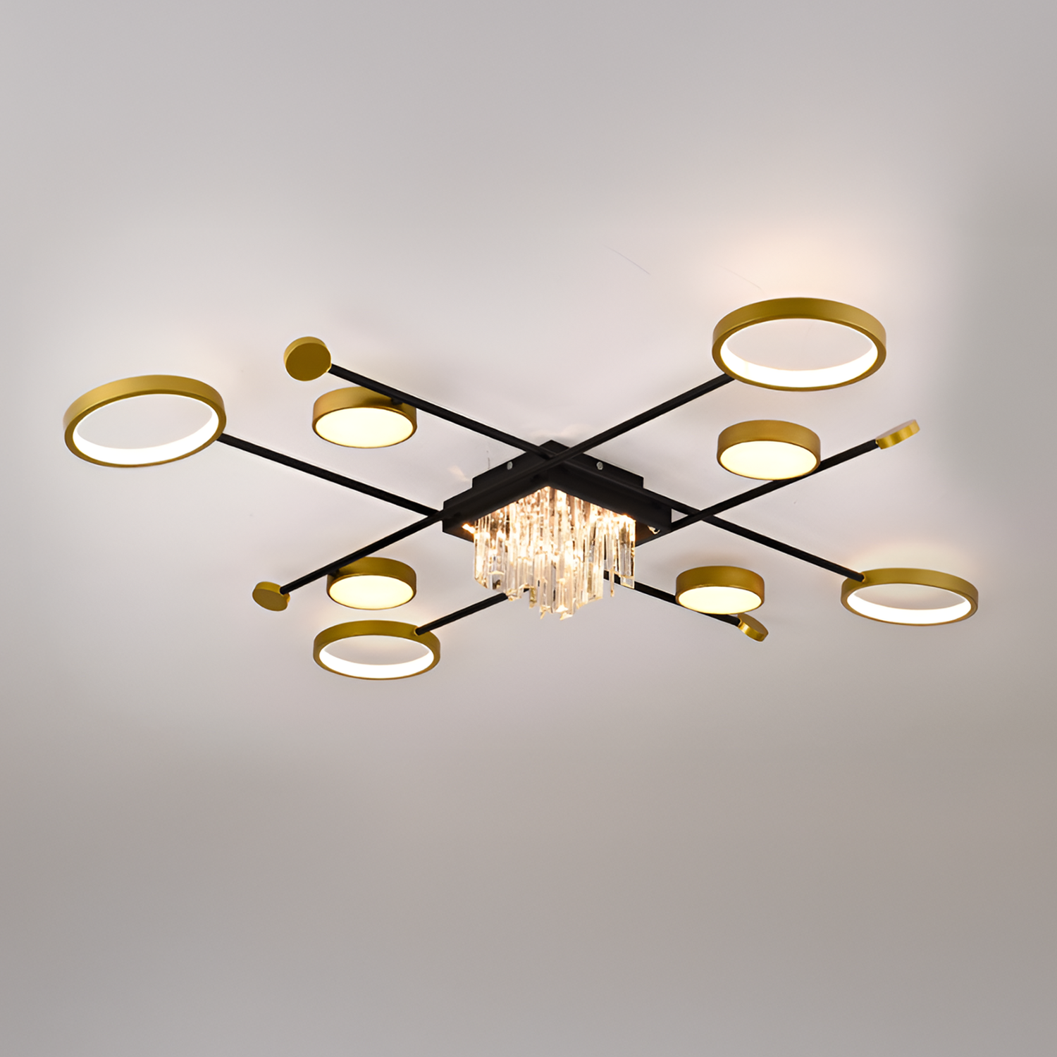Lustra LED cu telecomanda si cristal GUIDA 46W, 8 Elemente, lumina Rece/Calda/Neutra, Dimabila, Negru Auriu – RegalStore
