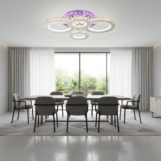 Lustra LED cu telecomanda si cristal NOVA ROTONDA RGB, 72W, 4 Cercuri, lumina Rece/Calda/Neutra, Dimabila, Negru