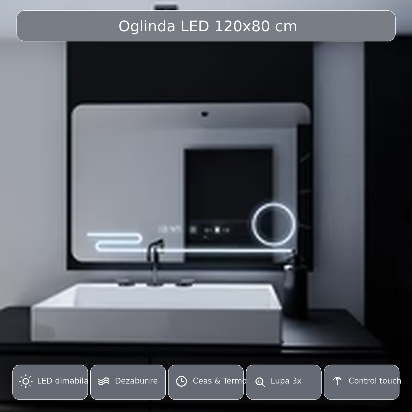 Oglinda LED Rectangulara, 120x80cm, Harmonie MotionGlow Marcello, Sistem Dezaburire, Ceas & Termometru, Lupa Cosmetica, Dimabila
