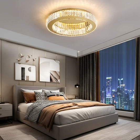 Lustra LED cu telecomanda si cristal VERTUS 31W, 50cm, Cerc, lumina Rece/Calda/Neutra, Dimabila, Auriu