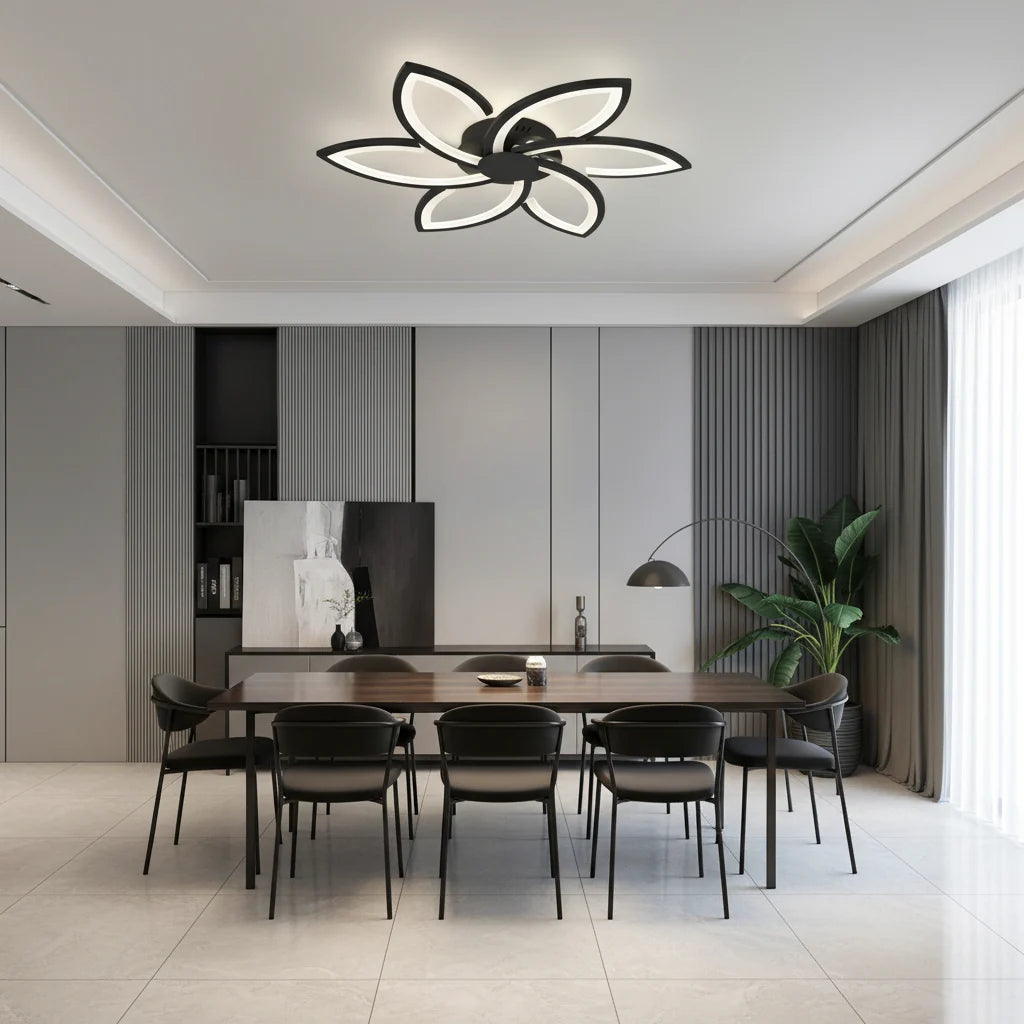 Lustra LED cu telecomanda si cristal FLORA 82W, 6 Petale, lumina Rece/Calda/Neutra, Dimabila, Negru