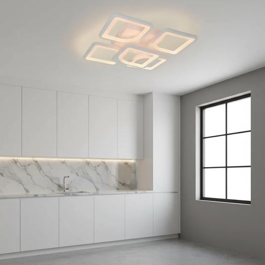 Lustra LED cu telecomanda, ZOE, 5 Patrate, 96W, Lumina Rece/Calda/Neutra, Dimabila, Alb