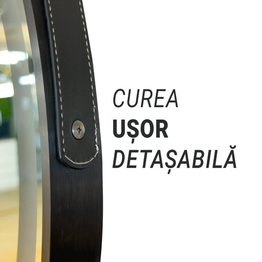 Oglinda LED Senzor MotionGlow Micah Rotunda Diametru 60 cm Lumina Rece/Calda/Neutra Dimabila Sistem Dezaburire Termometru Ceas si Lupa Cosmetica Rama Negru Periat cu Curea Piele Ecologica Marcello Funghi