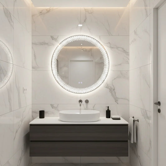 Oglinda LED Rotunda Nexos, 60cm, 24W, Lumina Calda/ Rece/ Neutra, Senzor, Sistem Dezaburire, Ceas, Dimabila