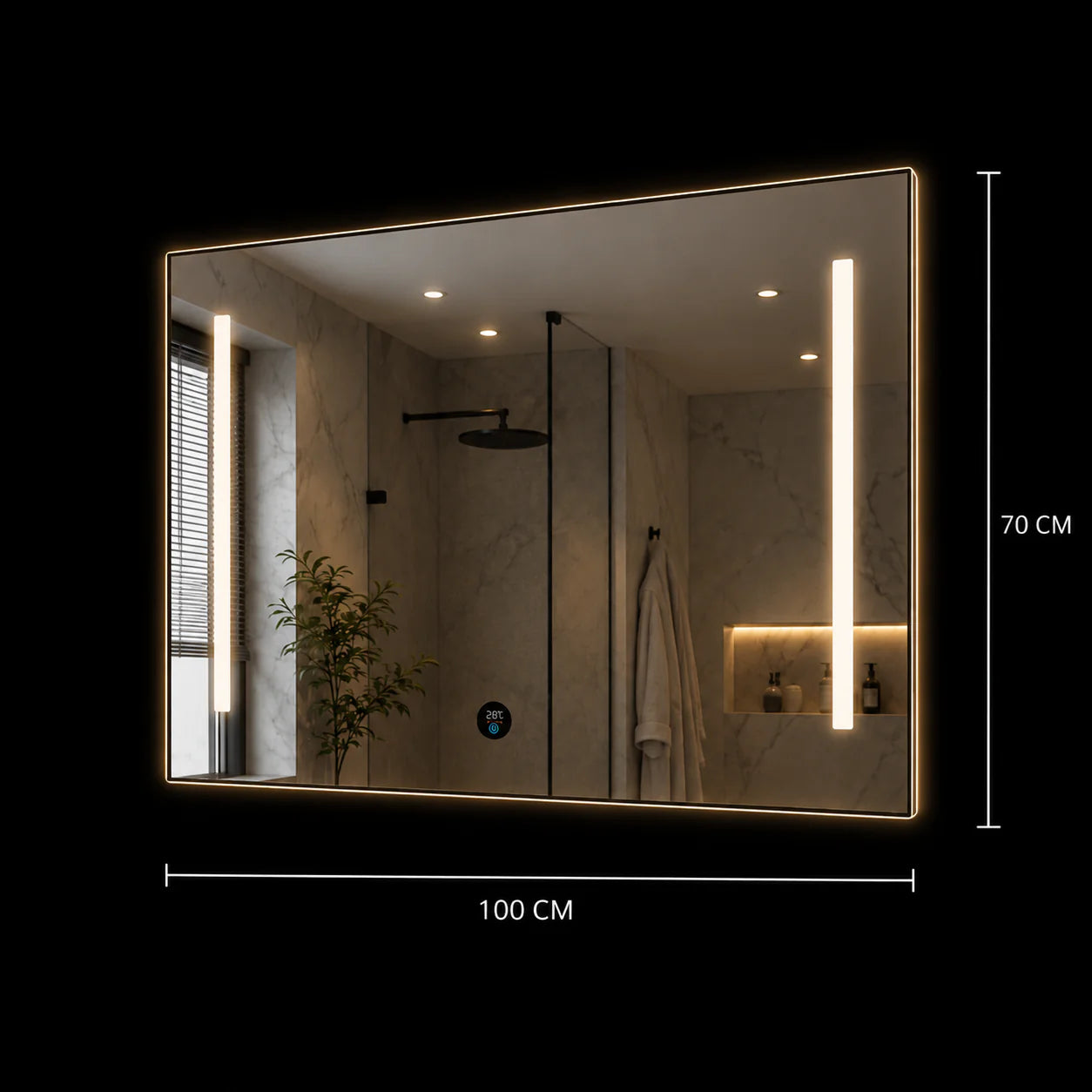 Oglinda LED SLUPSK, 100x70cm, Gri, Comutator rotativ inteligent cu afisaj RGB, CCT reglabil 3000K–6000K, Metal, Functii Ceas