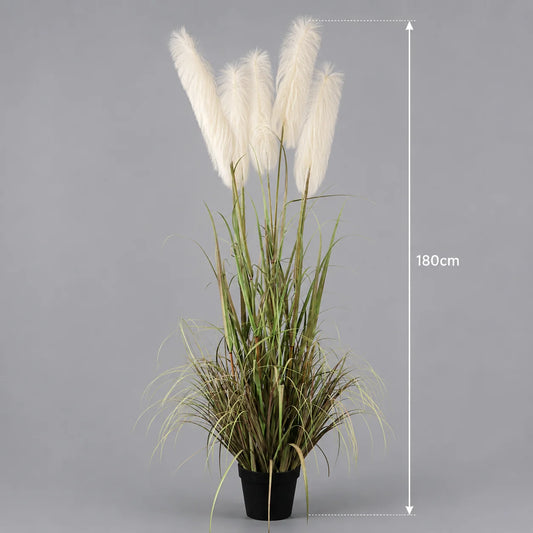 Planta Artificiala Iarba Ornamentala, 180cm, cu 5 fire, Stuf si Iarba, Verde si Roz, Fara Ghiveci