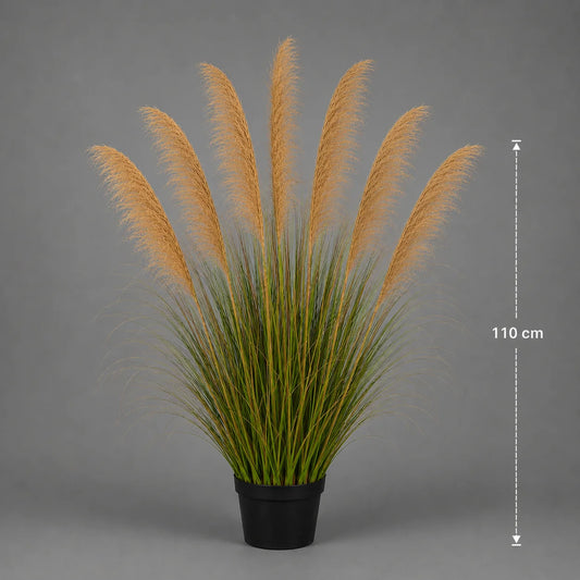 Planta Artificiala Iarba Ornamentala, 110 cm, cu 7 fire, Stuf si Iarba, Verde Tomnal, Fara Ghiveci