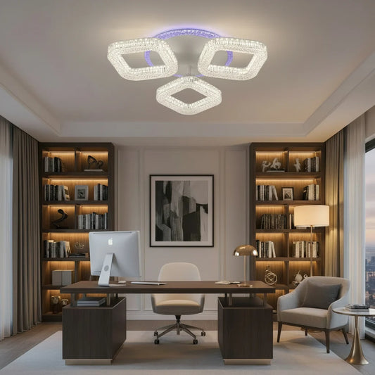 Lustra LED RENATO Nobile cu telecomanda si cristal, 39W, 3 Patrate, Lumina Rece/Calda/Neutra, Dimabila, Alb