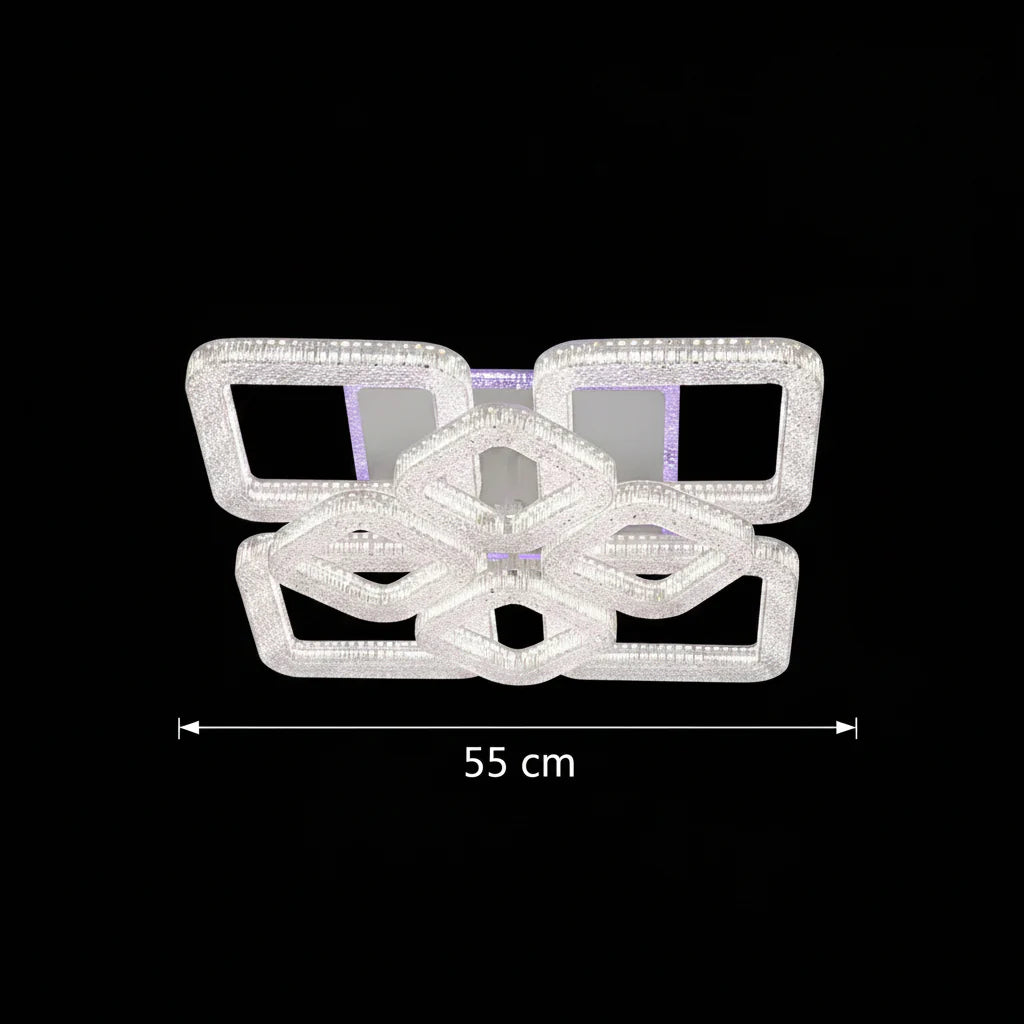 Lustra LED RENATO Magno cu telecomanda si cristal, 128W, 8 Patrate, Lumina Rece/Calda/Neutra, Dimabila, Alb