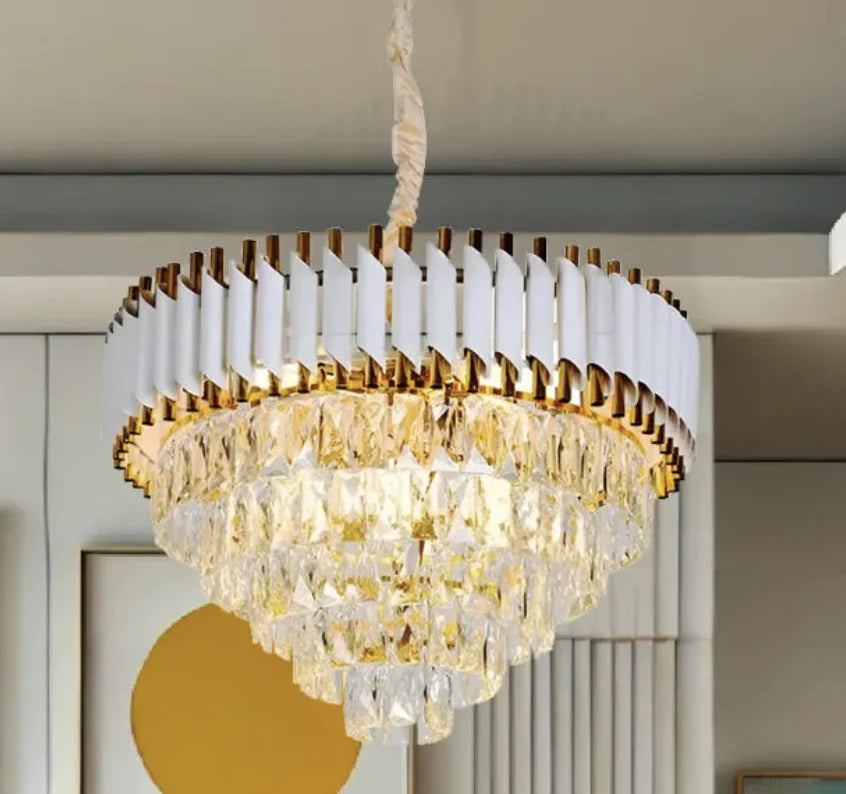 Candelabru Cristal VERSAILLES Supremo 12xE14, Diametru 80cm, Auriu Lucios si Alb, Inaltime Reglabila