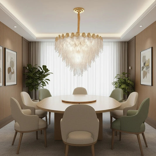 Candelabru Cristal MURANO Magno 12xE14, D60 cm, Auriu, Inaltime Reglabila, Metal si Cristal