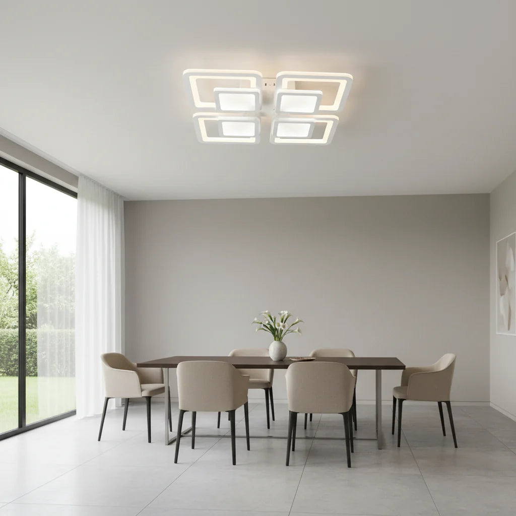 Lustra LED cu telecomanda SUSAN, 77W, 4 Patrate, lumina Rece/Calda/Neutra, Dimabila, Alb