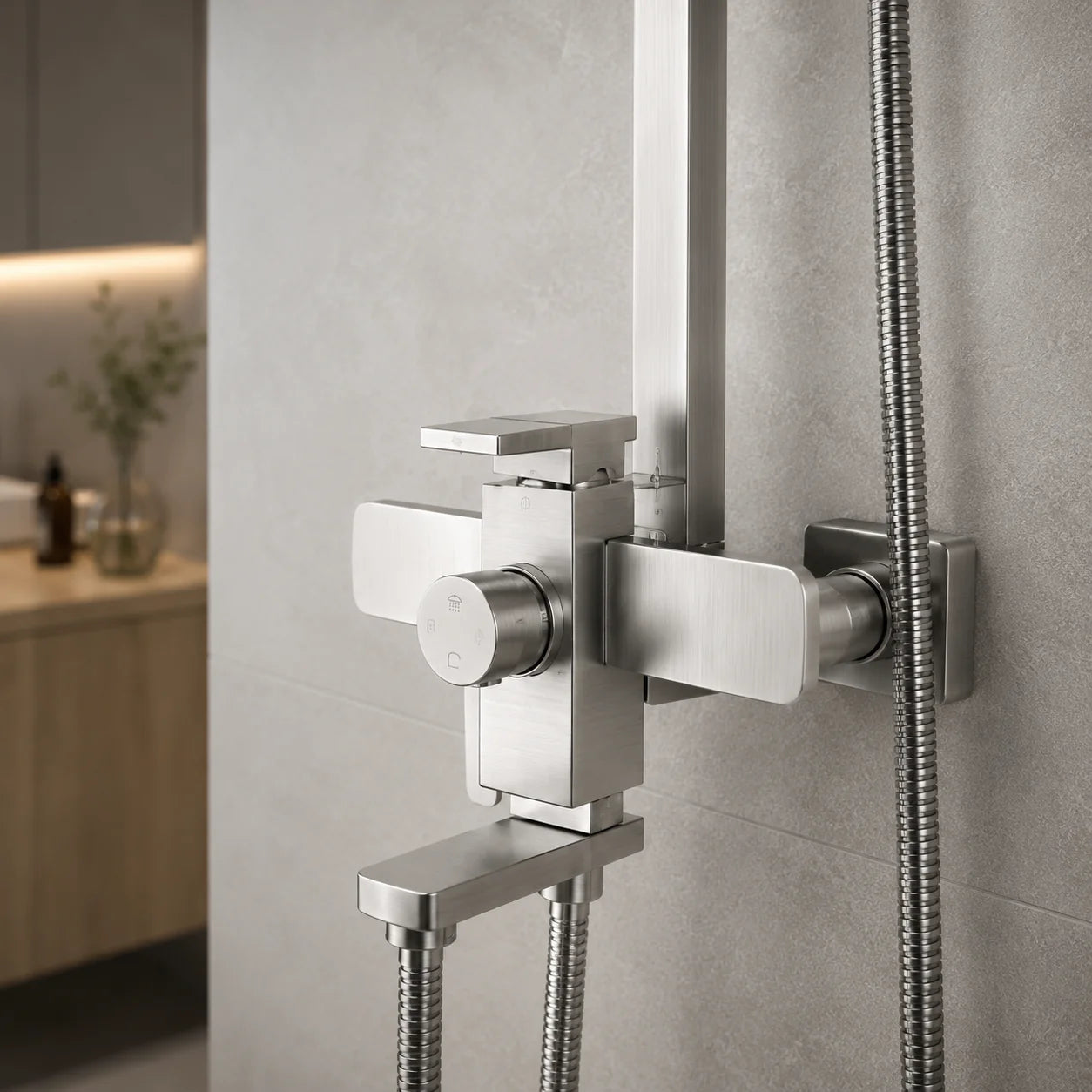 SET Coloana de dus cu baterie, Inox, para patrata, efect ploaie, 3 functii, montare pe perete, Satinat, Accesorii Incluse, LY005
