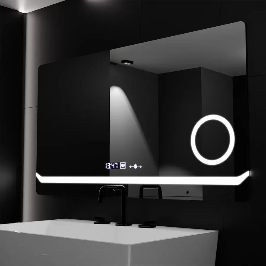 Oglinda LED Rectangulara 80x60 Definition MotionGlow Marcello, Lupa Cosmetica, Sistem Dezaburire, Termometru si Ceas, Dimabila