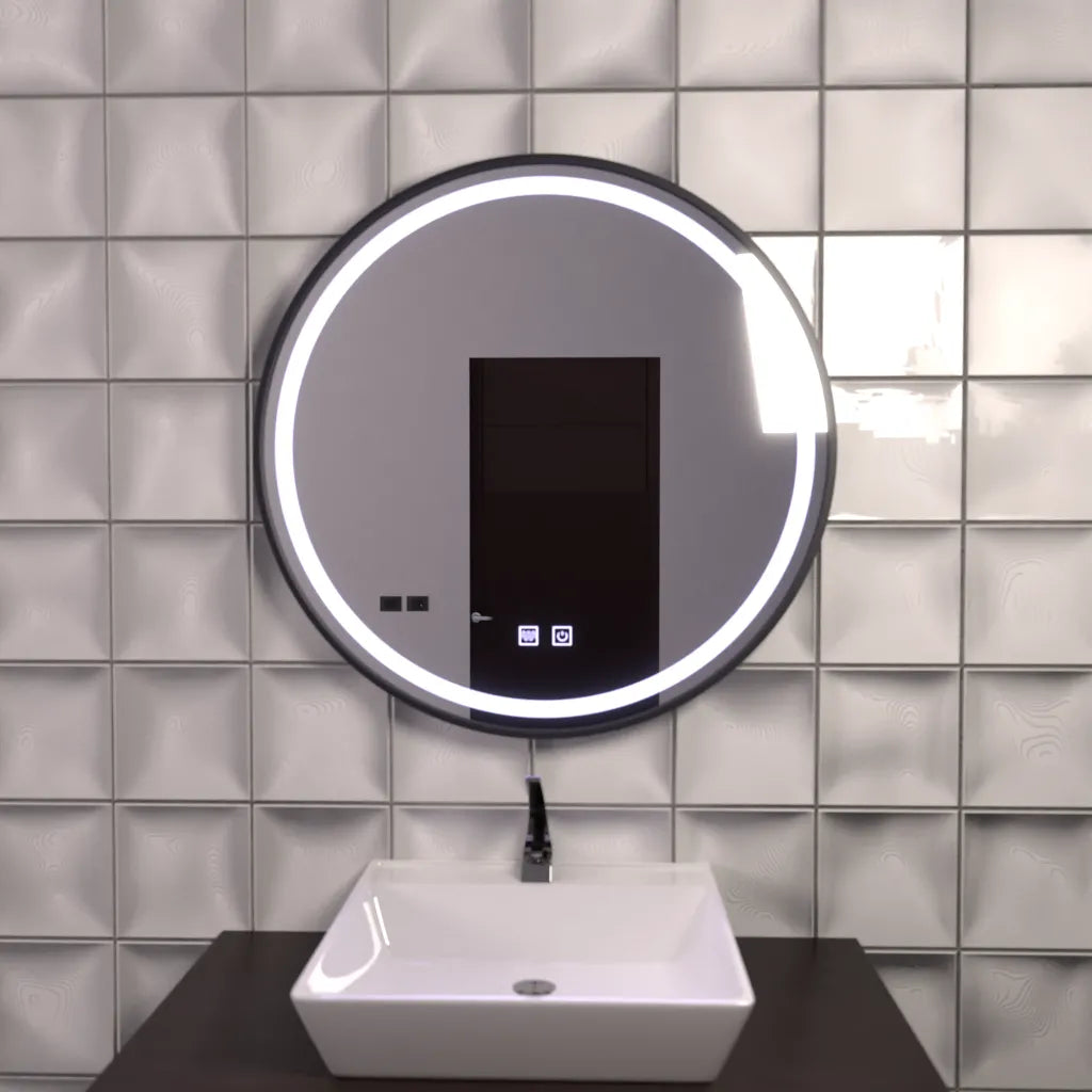 Oglinda LED Rotunda 60cm Lucea Touch Sistem Dezaburire, Rama Neagra