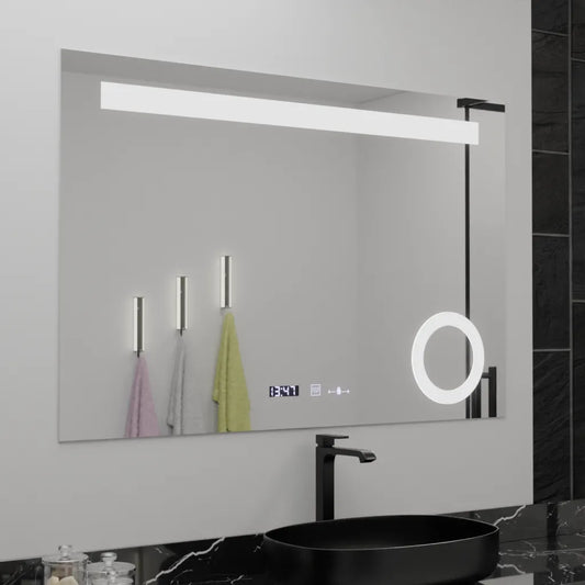 Oglinda LED Rectangulara 120x80 ABSOLU MotionGlow Marcello, Lupa Cosmetica, Sistem Dezaburire, Termometru si Ceas, Dimabila