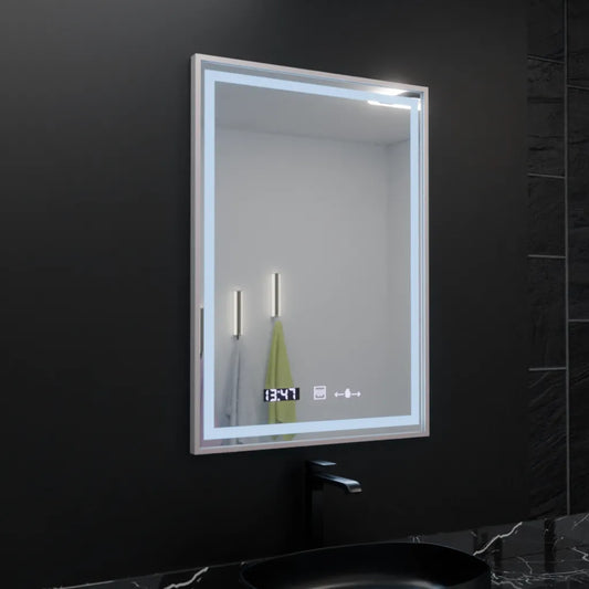 Oglinda LED Rectangulara 60x80 Verite Imperial Silver Motion Glow Marcello, Sistem Dezaburire, Termometru si Ceas, Dimabila