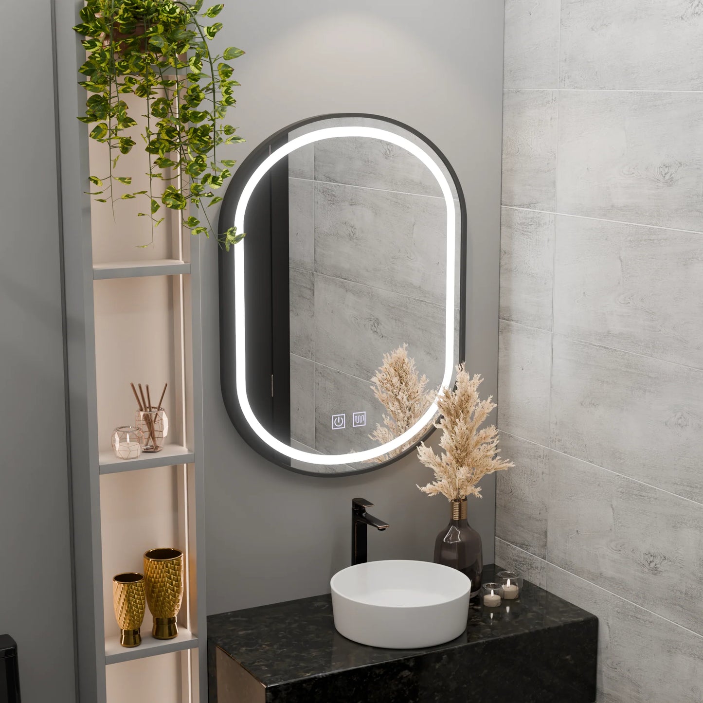 Oglinda LED Ovala 50x80cm VETRO Touch Sistem Dezaburire Dimabila, Rama Neagra