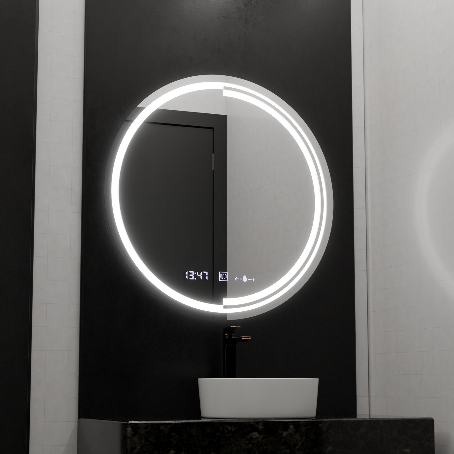 Oglinda LED Senzor MotionGlow Consuel Sistem Dezaburire Termometru si Ceas Rotunda Diametru 60 cm Lumina Rece/Calda/Neutra Dimabila Colectia Marcello Funghi