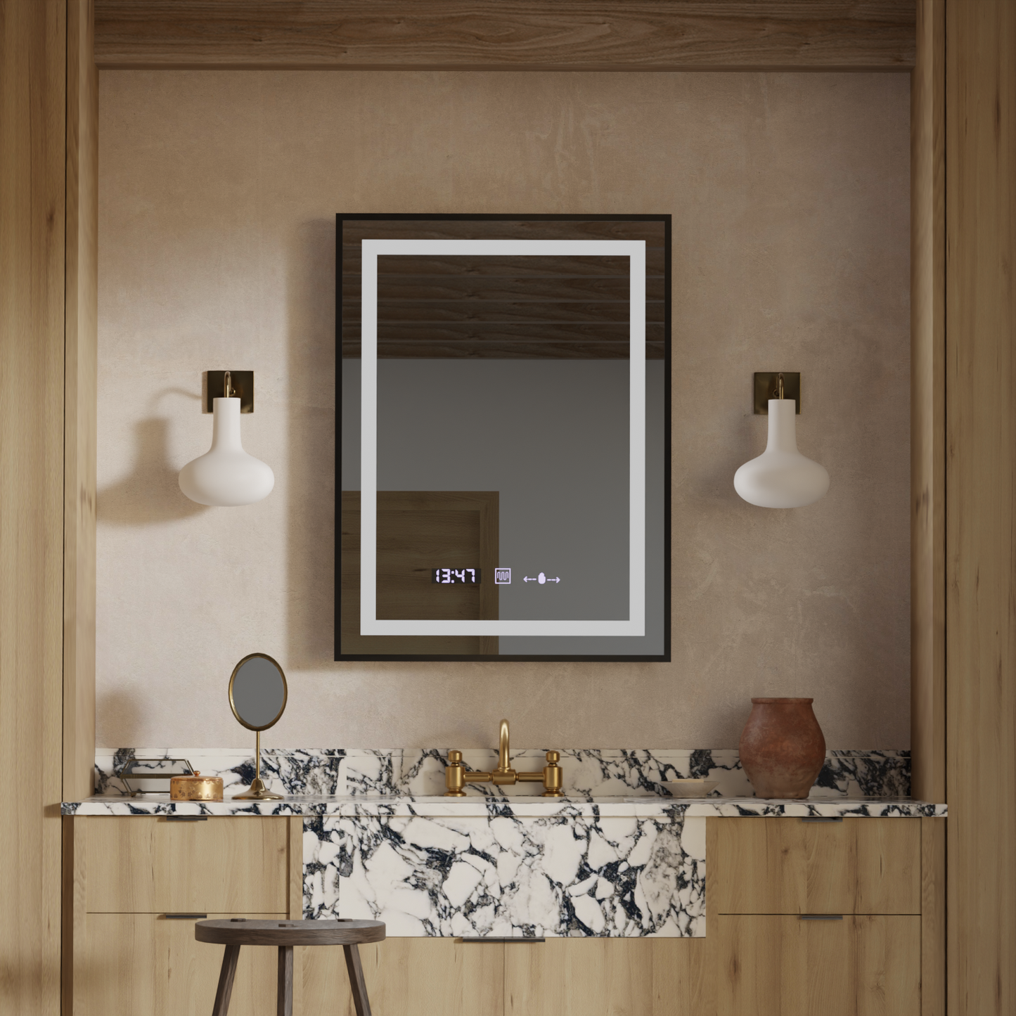Oglinda LED Rectangulara 60x80 Verite Majeste Noir Motion Glow Marcello, Sistem Dezaburire, Termometru si Ceas, Dimabila