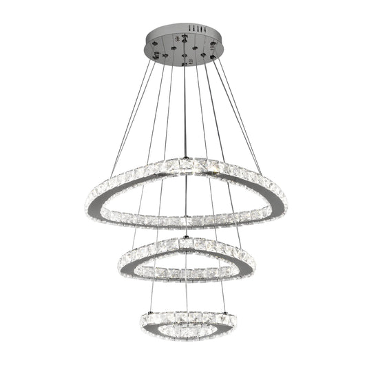 Lustra LED suspendata cu telecomanda si cristal LLC131/3CH 61W, 3 Cercuri, lumina Rece/Calda/Neutra, Dimabila, Crom Lucios, Inaltime Reglabila