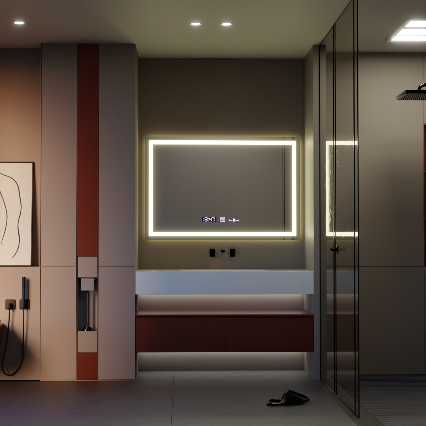 Oglinda LED Rectangulara 120x80cm Verite MotionGlow Marcello, Sistem Dezaburire, Termometru si Ceas, Dimabila
