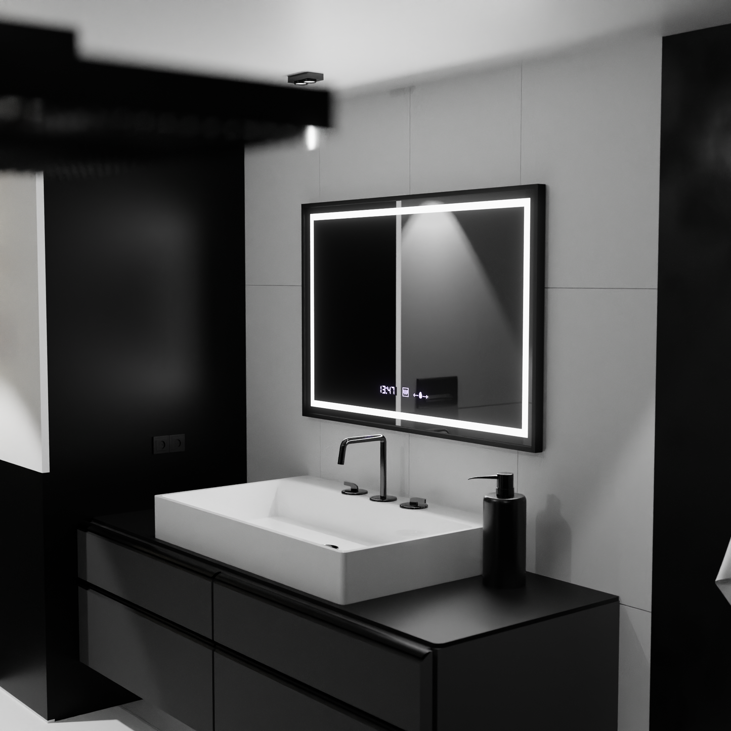Oglinda LED Rectangulara, 120x80cm, Raggio Motion Glow Marcello, Sistem Dezaburire, Termometru si Ceas, Dimabila