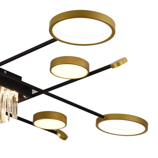 Lustra LED cu telecomanda si cristal GUIDA 46W, 8 Elemente, lumina Rece/Calda/Neutra, Dimabila, Negru Auriu