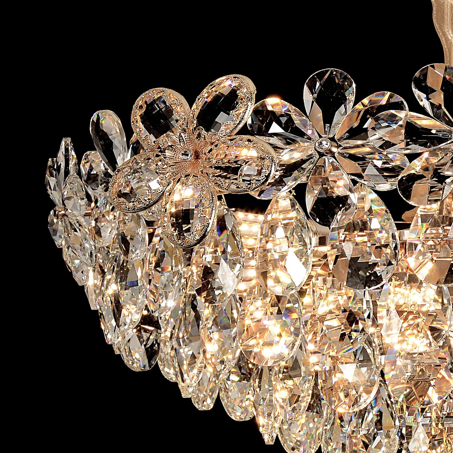 Candelabru Cristal, Eleganza 7xE14, Diametru 40cm, Auriu Lucios, Inaltime Reglabila, Metal si Cristal