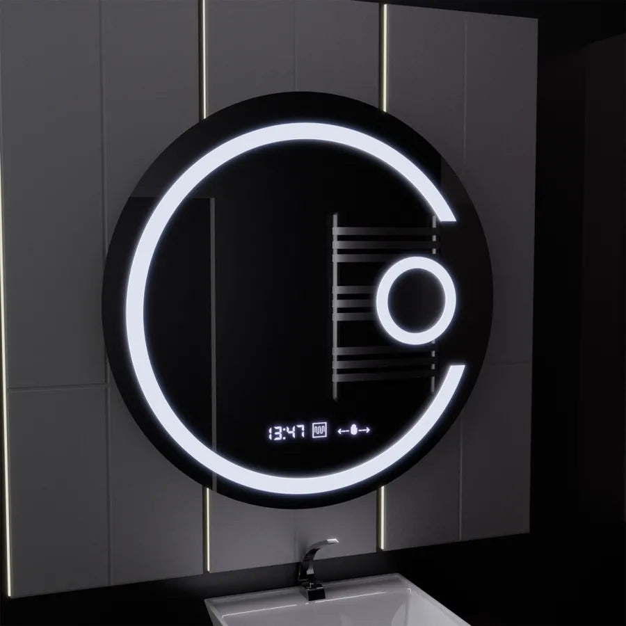 Oglinda LED Rotunda 70 Visio MotionGlow Marcello, Lupa Cosmetica, Sistem Dezaburire, Termometru si Ceas, Dimabila