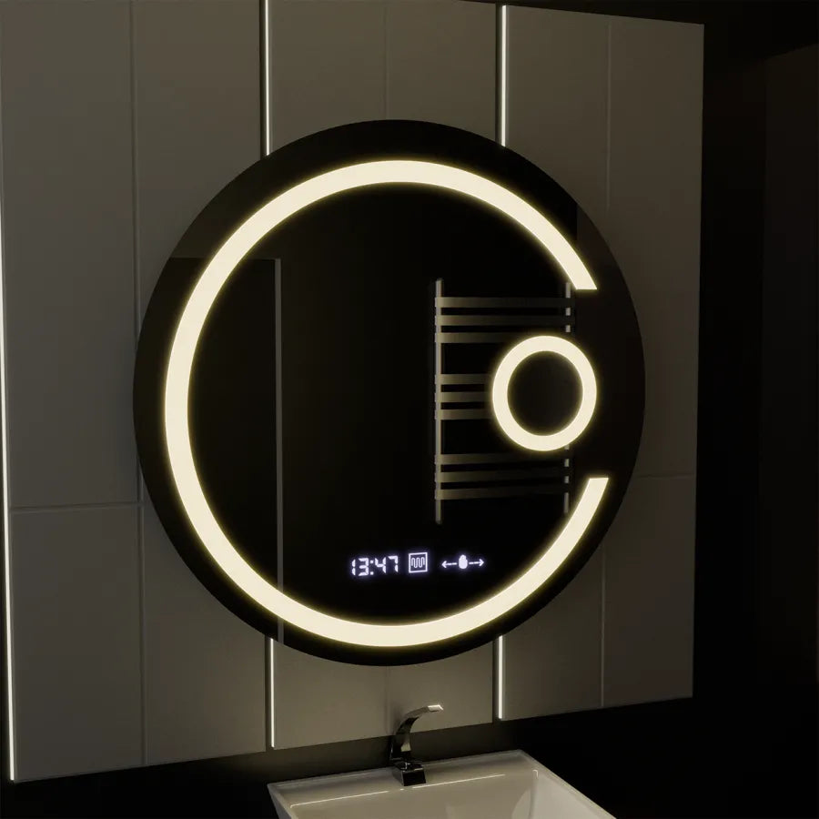 Oglinda LED Rotunda 70 Visio MotionGlow Marcello, Lupa Cosmetica, Sistem Dezaburire, Termometru si Ceas, Dimabila