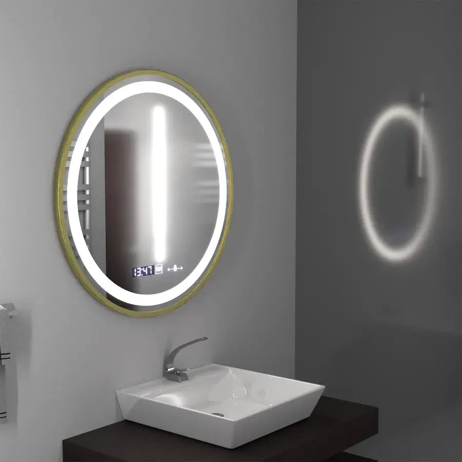 Oglinda LED Rotunda, 60cm, Celeste Royale Gold MotionGlow Marcello, Sistem Dezaburire, Ceas & Termometru, Dimabila