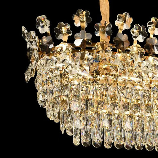 Candelabru Cristal CC6705/900X350GD 9x E14, Diametru 90cm, Auriu Lucios, Inaltime Reglabila