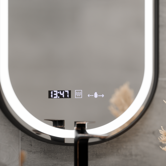 Oglinda LED Senzor Helmut Sistem Dezaburire, Ceas si Temperatura 50x90 cm Rama Negru Brushed Marcello Funghi