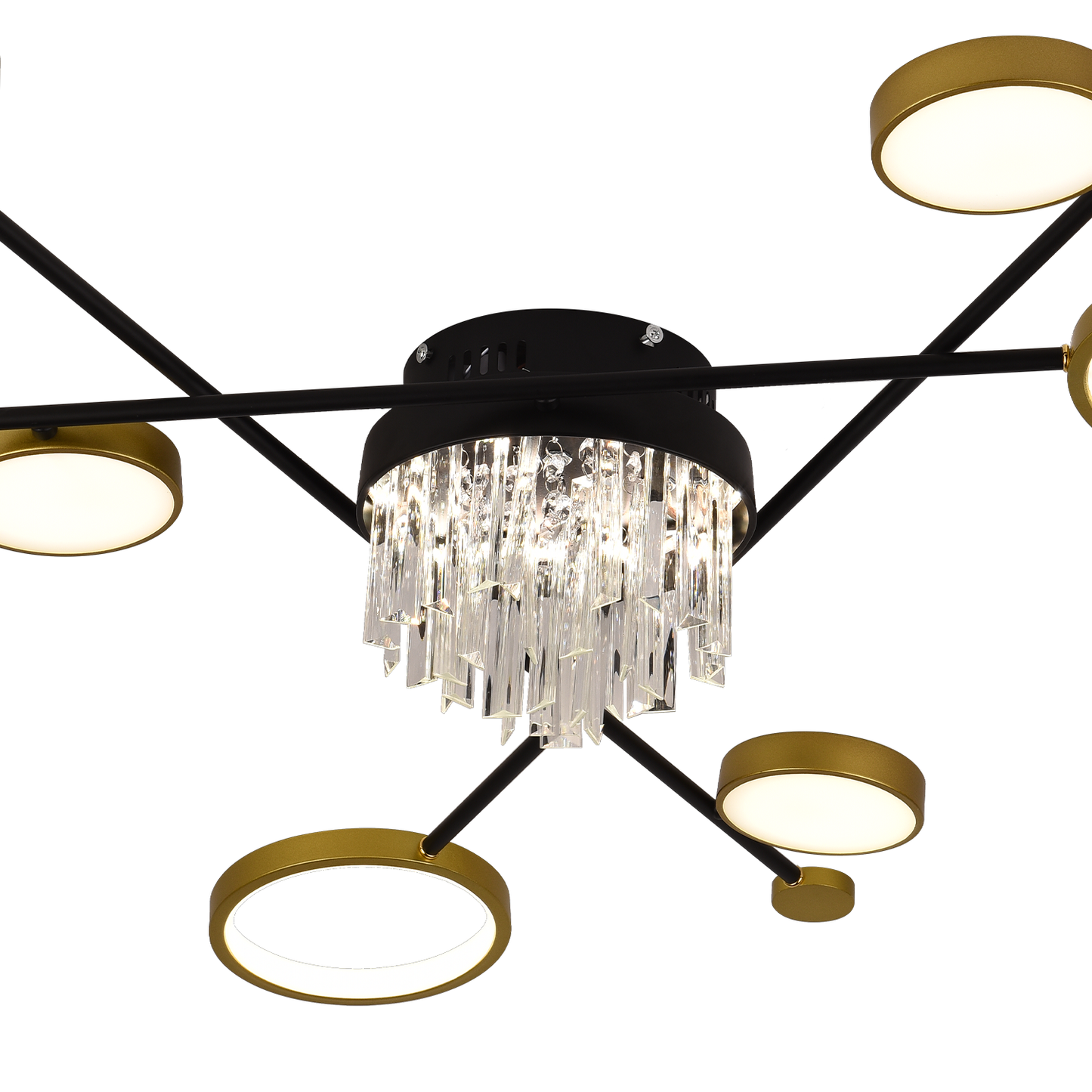 Lustra LED cu telecomanda si cristal GUIDA 38W, 6 Elemente, lumina Rece/Calda/Neutra, Dimabila, Negru Auriu – RegalStore