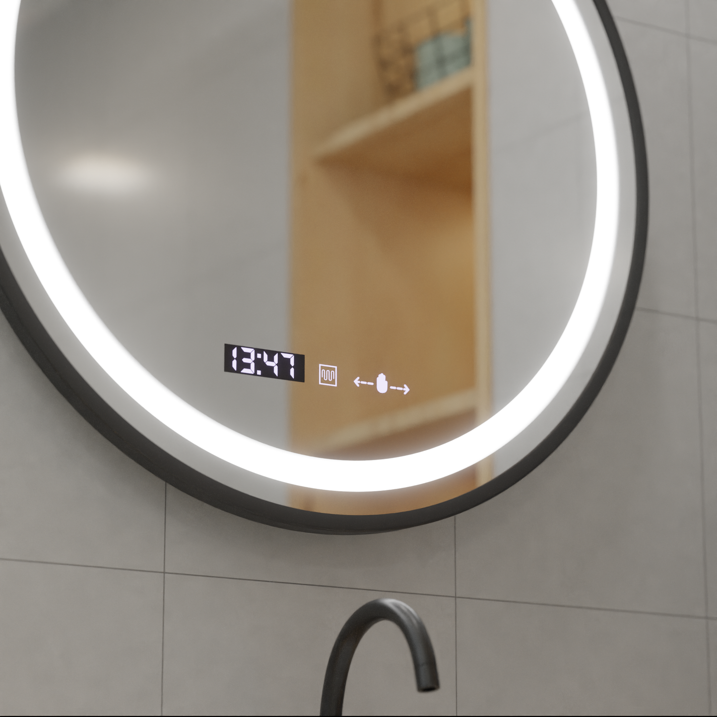Oglinda LED Rotunda 70 Celeste Majeste Noir MotionGlow Marcello, Sistem Dezaburire, Termometru si Ceas, Dimabila