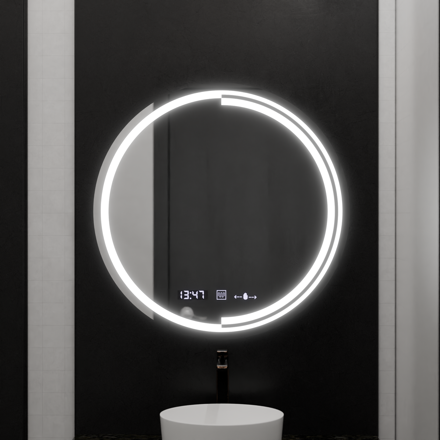 Oglinda LED Senzor MotionGlow Consuel Sistem Dezaburire Termometru si Ceas Rotunda Diametru 60 cm Lumina Rece/Calda/Neutra Dimabila Colectia Marcello Funghi