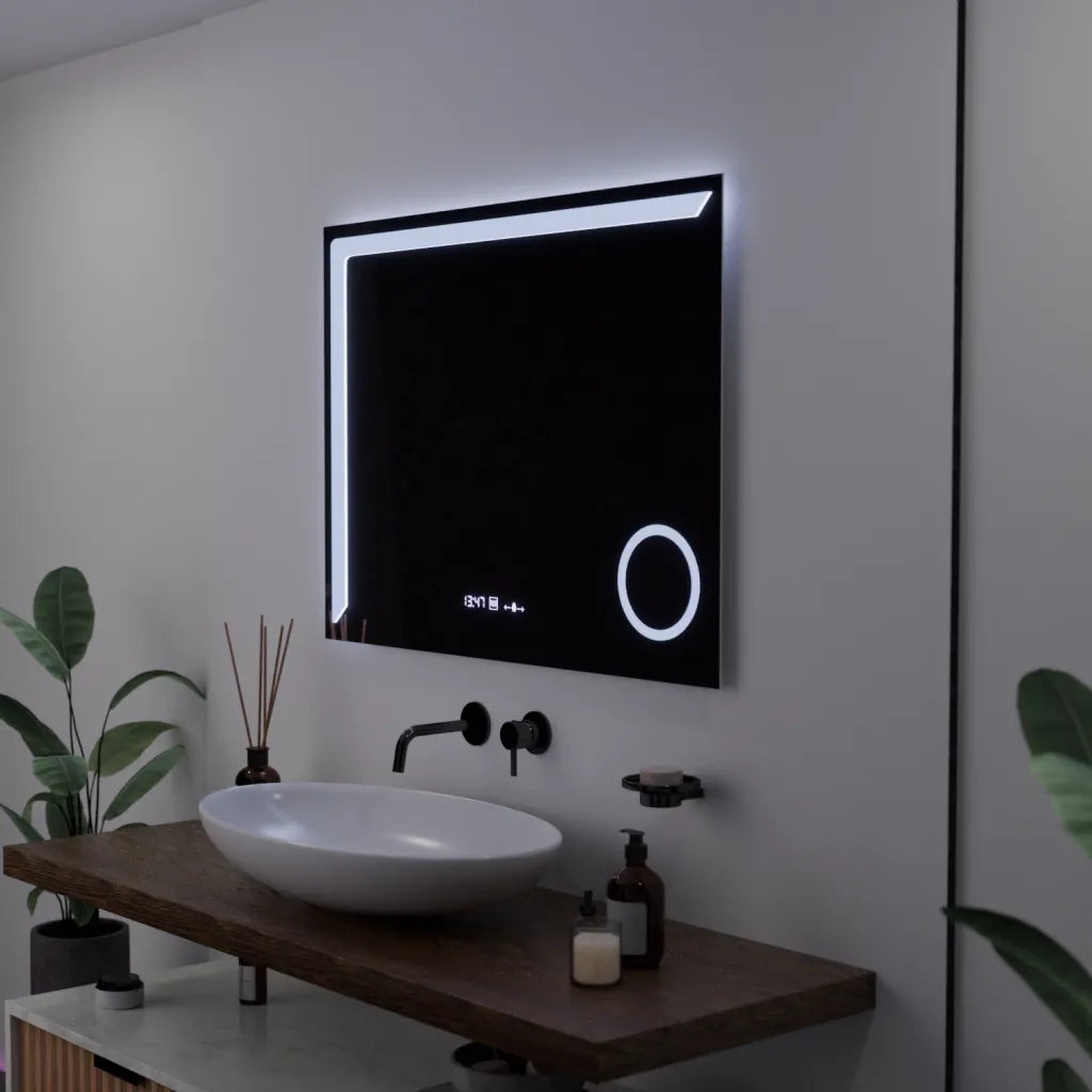 Oglinda LED Rectangulara 80x60 Precision MotionGlow Marcello, Lupa Cosmetica, Sistem Dezaburire, Termometru si Ceas, Dimabila