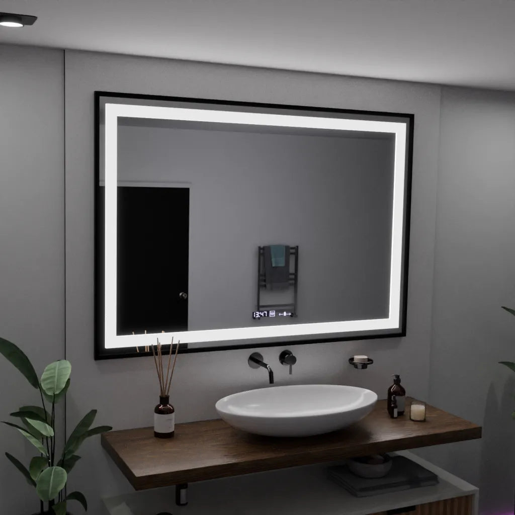 Oglinda LED Rectangulara 100x70 Verite Majeste Noir Motion Glow Marcello, Sistem Dezaburire, Termometru si Ceas, Dimabila