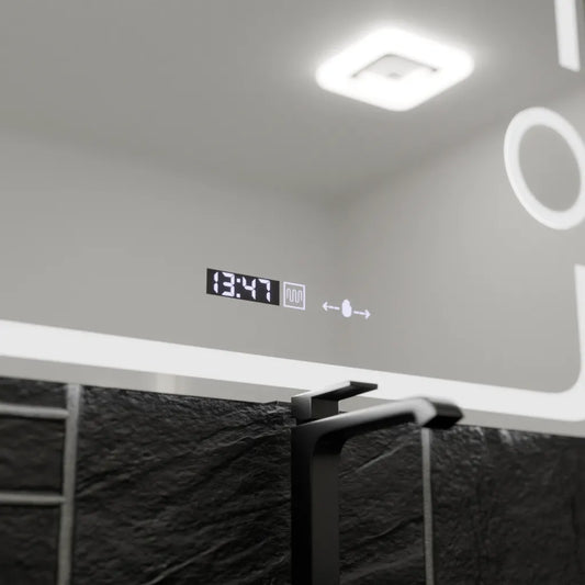 Oglinda LED Rectangulara 80x60 Eclat MotionGlow Marcello, Lupa Cosmetica, Sistem Dezaburire, Termometru si Ceas, Dimabila