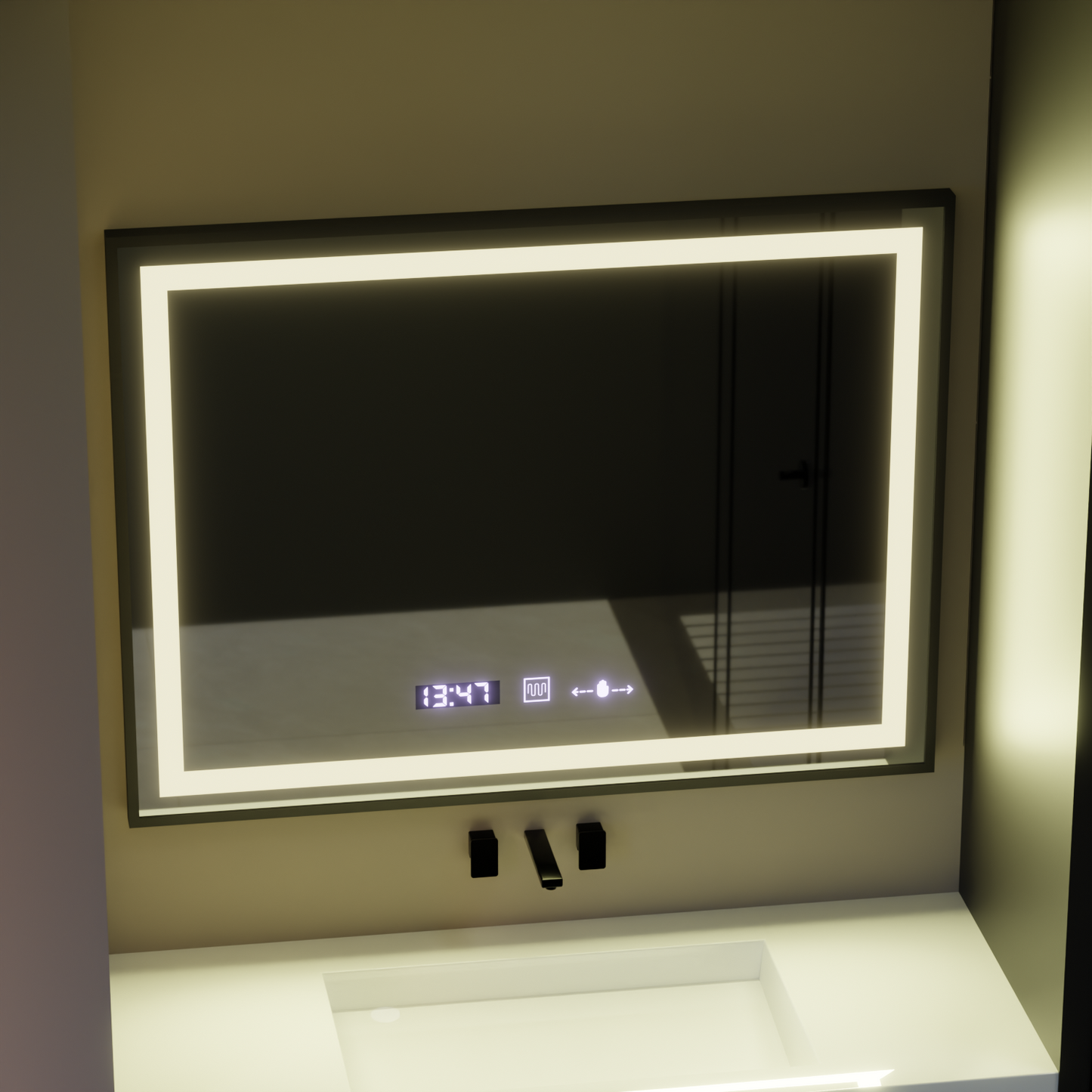 Oglinda LED Rectangulara 80x60 Verite Majeste Noir Motion Glow Marcello, Sistem Dezaburire, Termometru si Ceas, Dimabila