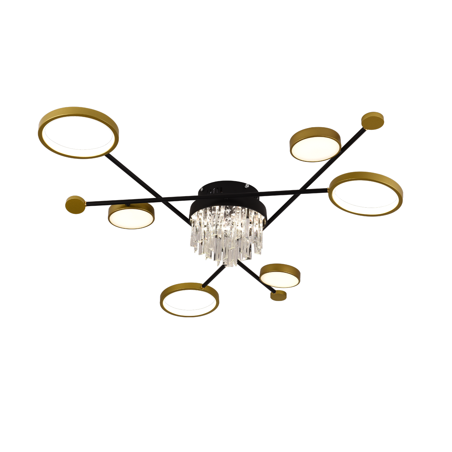 Lustra LED cu telecomanda si cristal GUIDA 38W, 6 Elemente, lumina Rece/Calda/Neutra, Dimabila, Negru Auriu – RegalStore