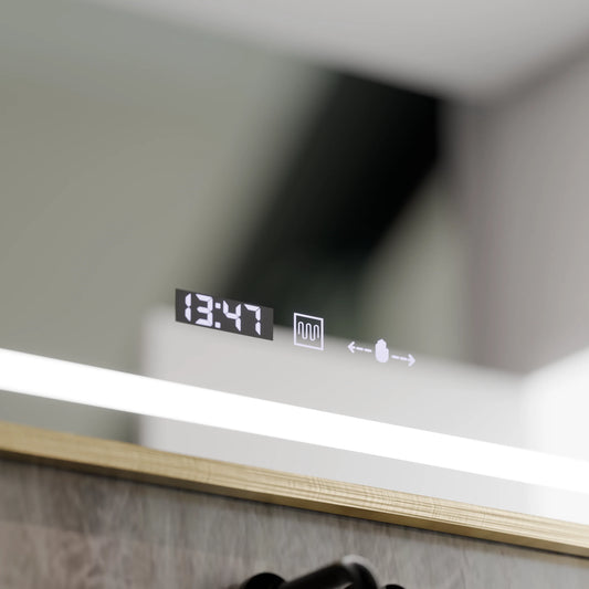 Oglinda LED Rectangulara, 110x65cm, Eclat MotionGlow Marcello, Sistem Dezaburire, Ceas & Termometru, Lupa Cosmetica, Dimabila, Rama Auriu Brushed