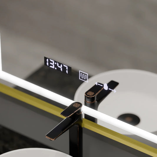Oglinda LED Rectangulara 75x90 Verite Royale Gold MotionGlow Marcello, Sistem Dezaburire, Termometru si Ceas, Dimabila