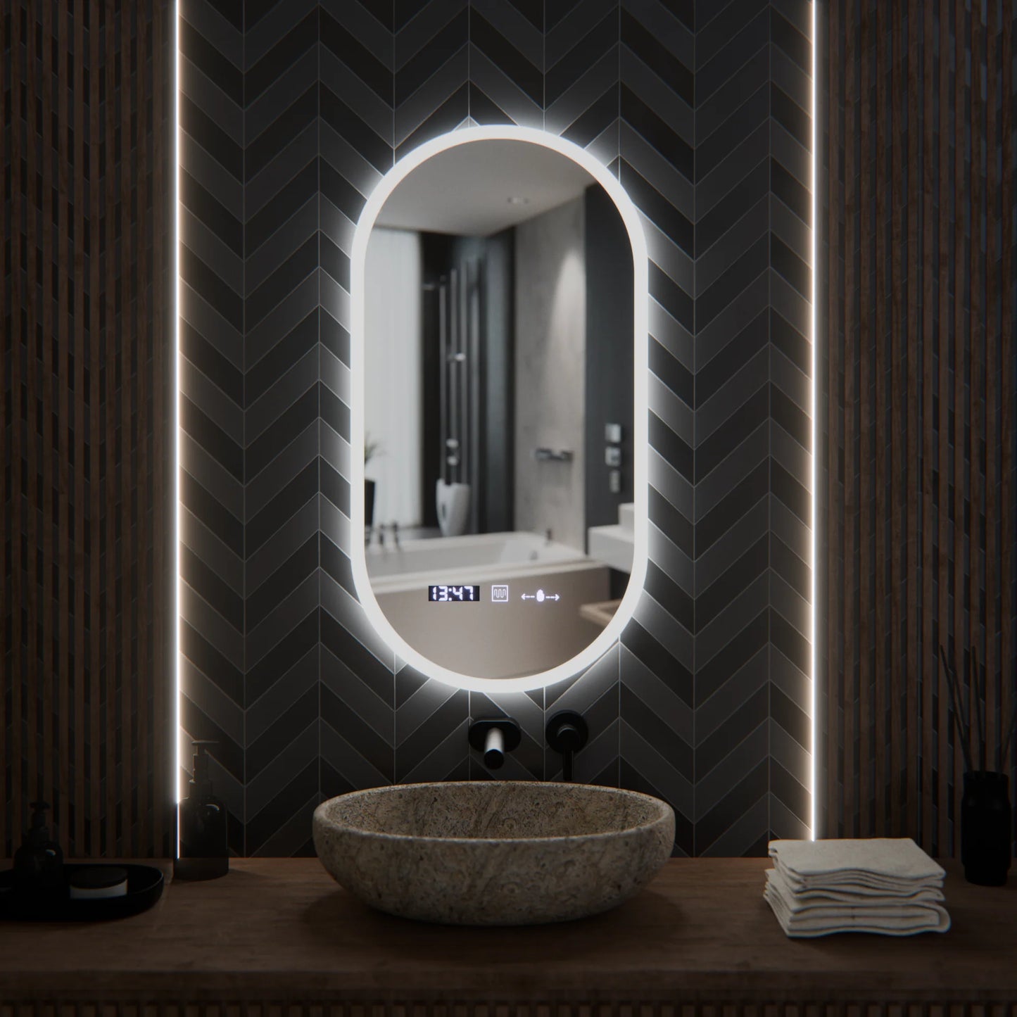 Oglinda LED Ovala, 50x100cm, Lucia Senzor Marcello, Sistem Dezaburire, Ceas & Termometru, Dimabila
