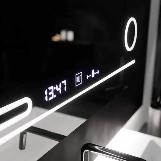 Oglinda LED Rectangulara, 80x60cm, Harmonie MotionGlow Marcello, Sistem Dezaburire, Termometru si Ceas, Lupa Cosmetica, Dimabila