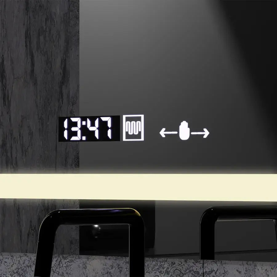 Oglinda LED Rectangulara 80x60 Definition MotionGlow Marcello, Lupa Cosmetica, Sistem Dezaburire, Termometru si Ceas, Dimabila
